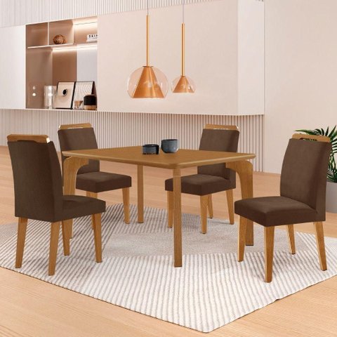 Mesa Liz 120 MDF Canto Copo e com 4 Cadeiras Athenas Veludo Marrom/Naturalle/Naturalle