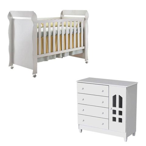 Berço Americano Mirelle e Cômoda Infantil Selena Branco Brilho - Carolina