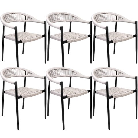 Kit 06 Cadeiras Decorativas Área Gourmet Base Preto Corda Náutica Nevada R01 Amêndoa - Lyam Decor