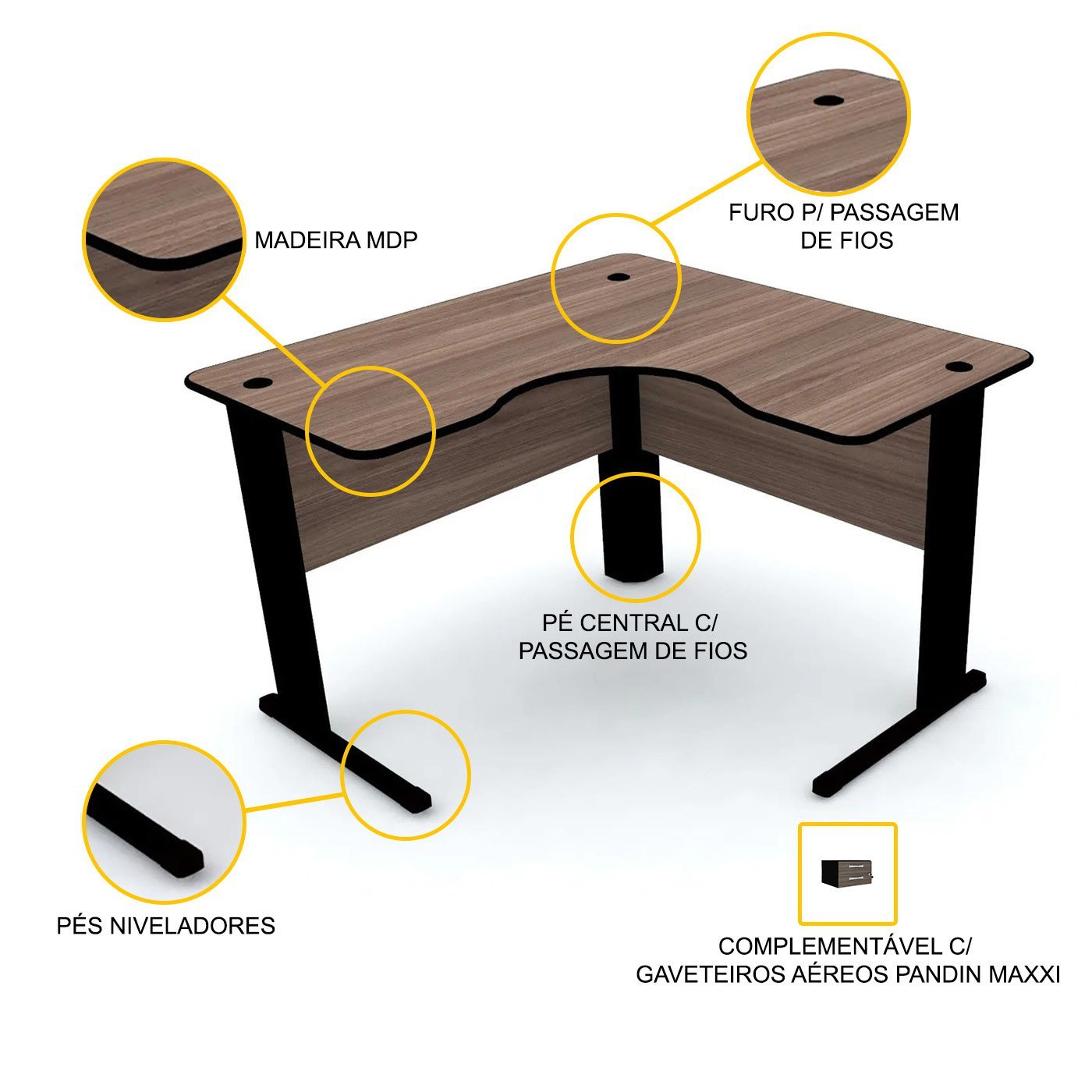 MESA EM L P/ ESCRITÓRIO 150X150 PANDIN MAXXI - WALNUT/PRETO ETP1515 - 3