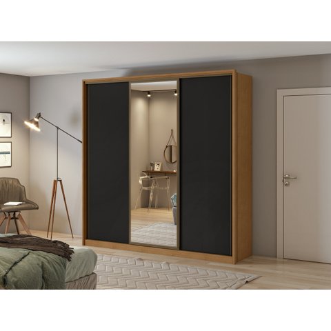 Guarda-Roupa Casal Spazio Glass 240 c/ Espelho Amêndoa Clean/Preto Fosco - Lopas