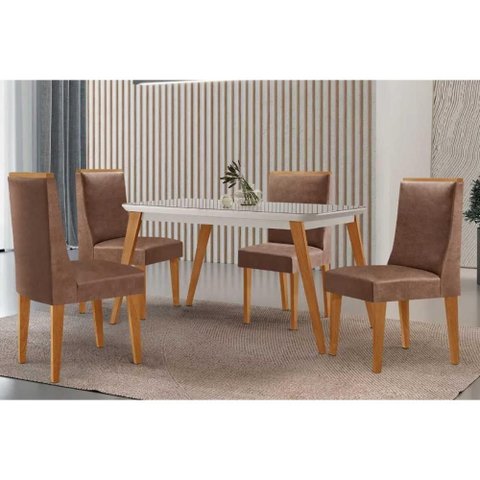 Conjunto: Mesa de Cozinha Havana Canto Curvo 120cm + 4 Cadeiras Dakota Naturale/off White - Corano