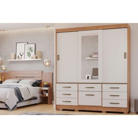 Guarda Roupa Casal 3 Portas de Correr e 7 Gavetas C- Espelho Luiza Cinamomo-off White - Panan