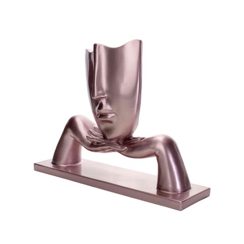 Escultura Decorativa Máscara com Base em Cerâmica Rosa Metal 23x30 cm - D’Rossi
