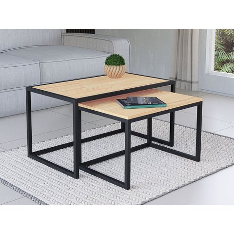 Conjunto Mesa De Centro Industrial 65cm e 60cm Aço Preto Duo Madeira Pinus Don Castro Decor Industri
