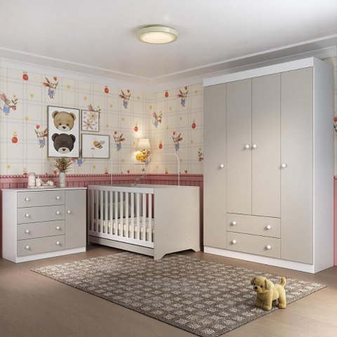 Quarto de Bebê Completo com Berço Americano 3 em 1 Encanto Multimóveis Mp4581 Branco/off White
