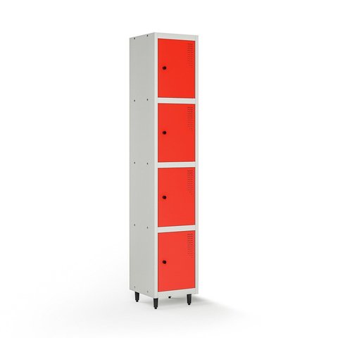 Armário Roupeiro Locker Guarda-Volume de Aço 4 Portas Pequenas com Fecho para Cadeado Vestiário Academia Vermelho/Cinza