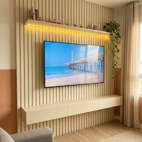 Rack com Painel para TV até 90 Polegadas com LED, Ripado e 3 Gavetas 228,8x250x35,5cm