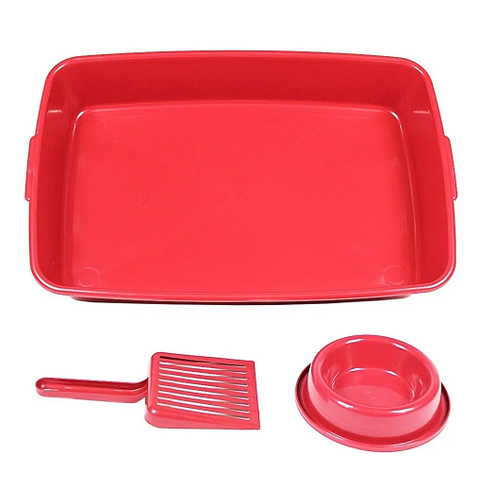 Caixa de Areia para Gatos com Pazinha e Comedouro - Vermelho