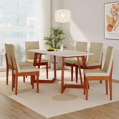 Conjunto Sala de Jantar Califórnia 6 Lugares Retangular Madeira Maciça Dakota Off White/Caramelo/Palha