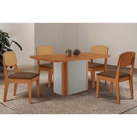 Conjunto: Mesa de Cozinha Pietá Tampo Curvo 120cm+4 Cadeiras Havana Naturale/Off White - Suede