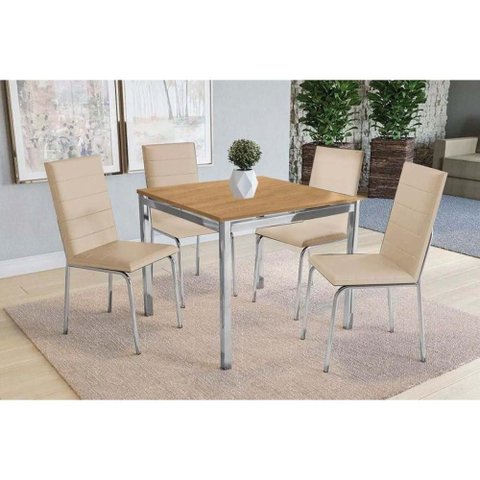 Conjunto: Mesa Sala Jantar Reno C/ Tampo de Madeira 90cm e 4 Cadeiras Amsterdã Cromada/nogueira -