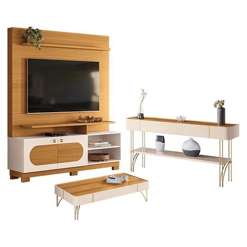 Estante Home Theater Axis Cinamomo Off White com Mesa de Centro Cadenza e Aparador Vivant Off White