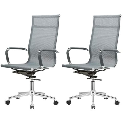 Kit 2 Cadeiras Giratória Office Sydney Presidente Fratini Tela Cinza Base Rodízio Aço Cromado