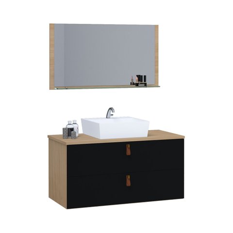 Gabinete Banheiro Berlim 80 Cm Armário com Espelheira e Cuba:freijo/preto
