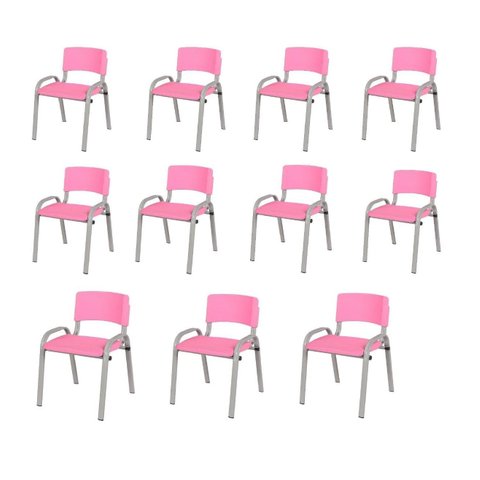 Kit 11 Cadeiras Infantil Iso, Escola, Base Cinza- Rosa