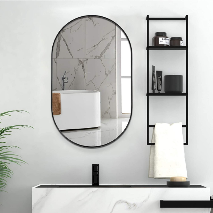 Espelho Oval com Moldura em Metal Sala Decorativo 80 x 50 cm - Preto - 1