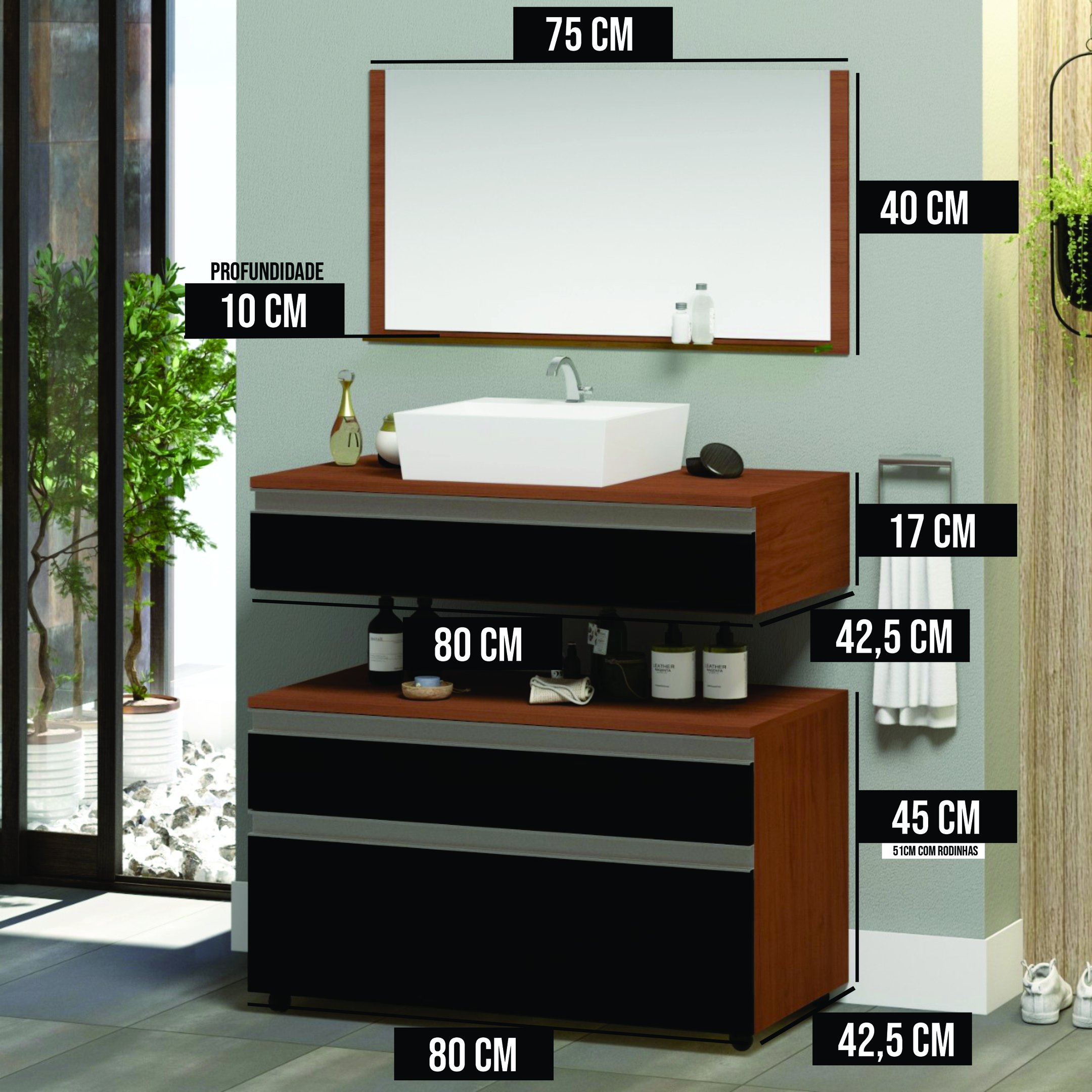 Conjunto Safira 80cm Gabinete de Banheiro + Cuba + Espelheira - 2
