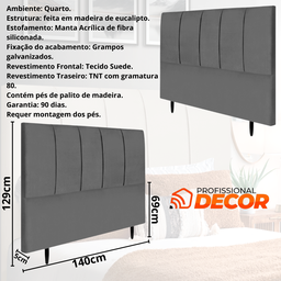 Cabeceira Casal Estofada 140cm Slim Veludo com Frames:cinza Escuro - 3