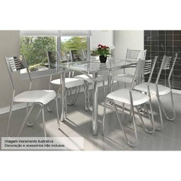 Conjunto: Mesa Sala Jantar Elba C/ Tampo Vidro 140cm + 6 Cadeiras Nápoles Cromado/courano Branco - K - 1