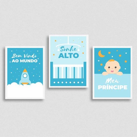 Kit 3 Quadros Bebê Sonhe Alto 24x18cm - com vidro:Madeira branca