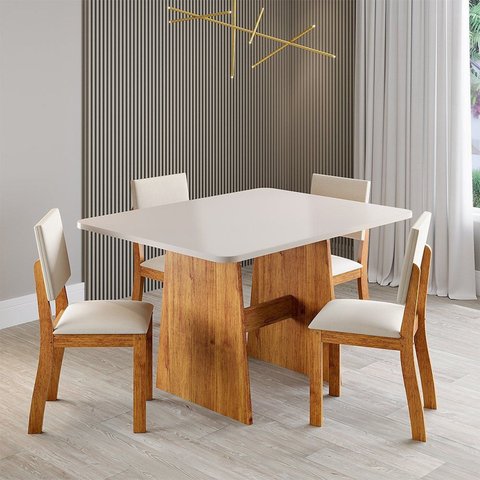 Conjunto Sala de Jantar 4 Lugares Bari Retangular MDF Mel e Bege