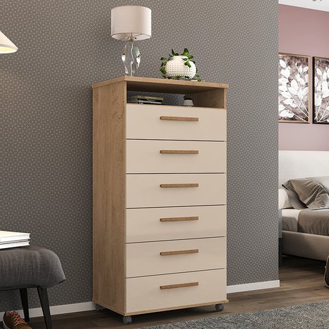 Cômoda Veneza 6 Gavetas Amendoa Off White com Nicho e Rodízios