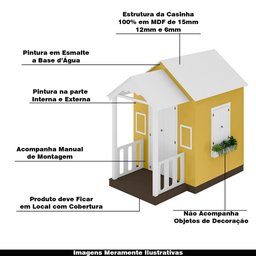 Casinha de Brinquedo Artesanal com Varanda MDF Branco/Amarelo - Criança Feliz Casinha com Varanda - 4