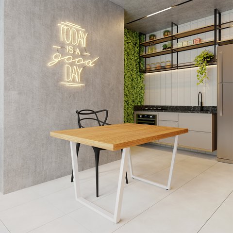 Mesa Industrial para Ambiente Biofílico Madeira Maciça Lanna com Ferragem 1,20m Branco