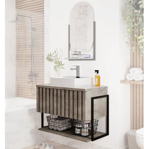 Gabinete Balcão Suspenso Cuba Marmorite Havaí 85 Cm Aço Banheiro 1 Porta 1 Prateleira Cinza