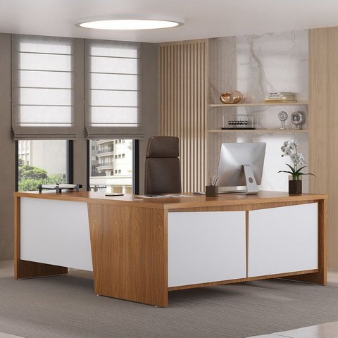 Conjunto Escritório Freijó/branco: Mesa Chefia 6300 + Balcão 6352