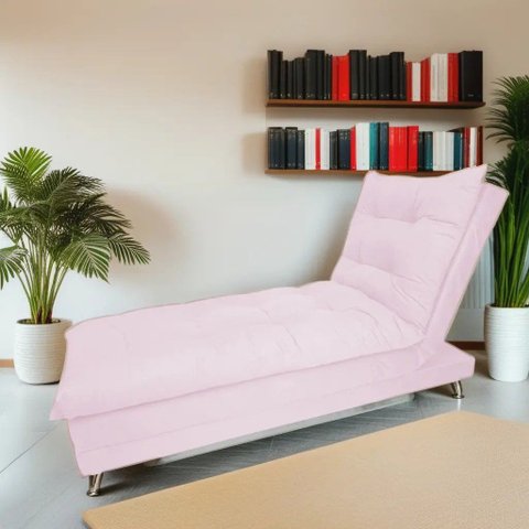 Sofa Cama Chaise Bicama Reclinavel Sala Lavinia Suede:Rosa Bebê/Suede