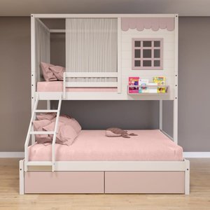 Beliche Casinha Reta Casal/ Solteiro 02 Gavetas Rosa Cortina Madeira Maciça Branco/ Rosa Housin