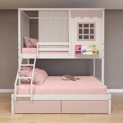 Beliche Casinha Reta Casal/ Solteiro 02 Gavetas Rosa Cortina Madeira Maciça Branco/ Rosa Housin