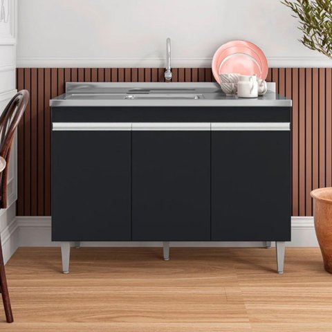 Balcão Manu com Pia e Cuba Ghelplus 120cm Preto Ajl Móveis