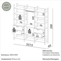 Guarda Roupa Closet Industrial Modulado 3 Peças 4 Gavetas 217,2cm 100% MDF   - 3