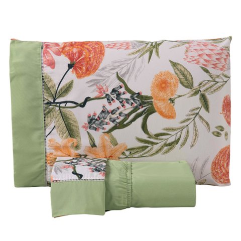Jogo Cama Lençol Encanto Queen Estampado Percal 180 Fios C/ Ponto Palito 3 Peças - Floral - Verde