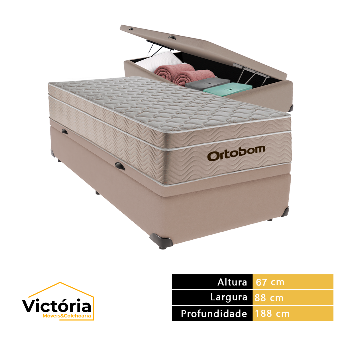 Cama Box com Baú Solteiro Bege e Colchão Ortobom Airtech Molas Ensacadas - 3