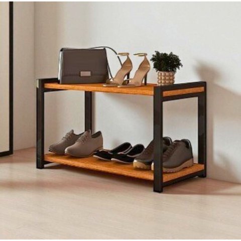 Sapateira Multiuso Industrial Atenas de Metal 2 Prateleiras Mdf:preto-nature