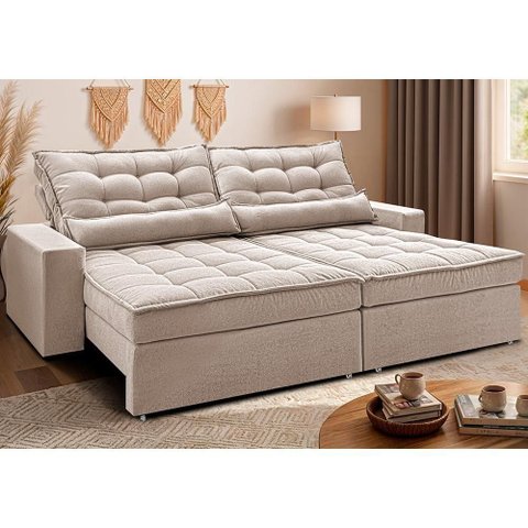 Sofá Retrátil e Reclinável 2,92m Molas Ensacadas Belle Boucle Bege Claro Cama Inbox