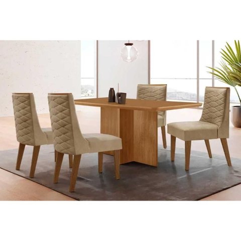Conjunto: Mesa de Cozinha Berlim Tampo Curvo 120cm+4 Cadeiras Dafne Madeira Naturale - Capuccino/