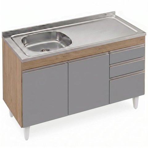 Balcão de Cozinha com Pia Inox Deslocada 120cm Ávila Castanho/Cinza L03 - Mpozenato