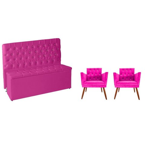Kit Quarto Cabeceira de Cama e Calçadeira Baú e Poltronas Botão de Strass Suede Pink