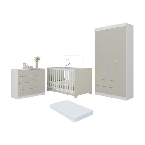 Quarto de Bebê Completo Berço Americano 3 em 1 Colchão Encanto Multimóveis Mp4605 Branco/off