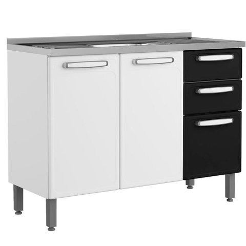 Balcão Mais Evidence com 3 Portas 2 Gavetas em Aço Cor Branco/preto Bertolini