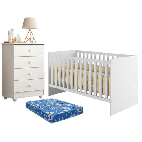 Berço Nacional Life 2186 com Gaveteiro Soft Branco Acetinado Colchão Ortobom - Tigus