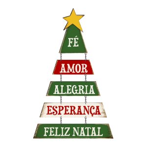 Placa Decorativa de Natal Pinheirinho Fé Amor com Corrente 33x57cm Mdf - Wp Connect Três Cores