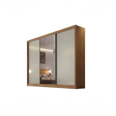 Guarda Roupa Casal Sollo 3 Portas de Correr 6 Gavetas MDF com Espelho Cumaru-Fendi Móveis Novo
