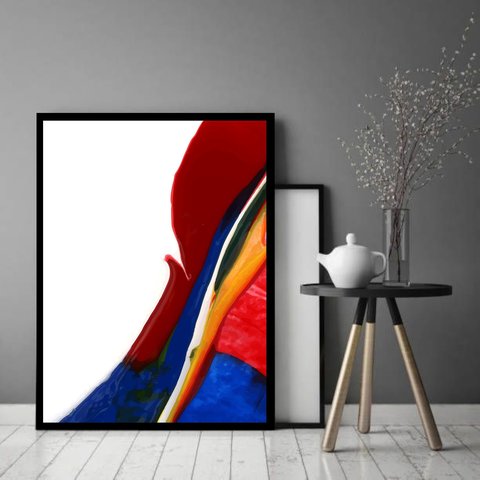 Quadro Decorativo Abstrato Branco Vermelho Azul - 70x50cm:moldura Preta