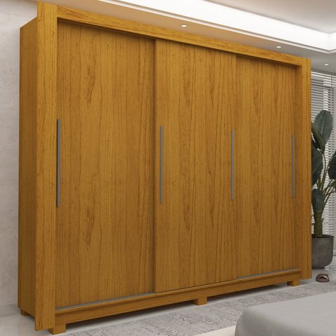 Guarda-Roupa Casal 100% MDF 3 Portas de Correr 4 Gavetas com Pés Naturale/Off White Roma